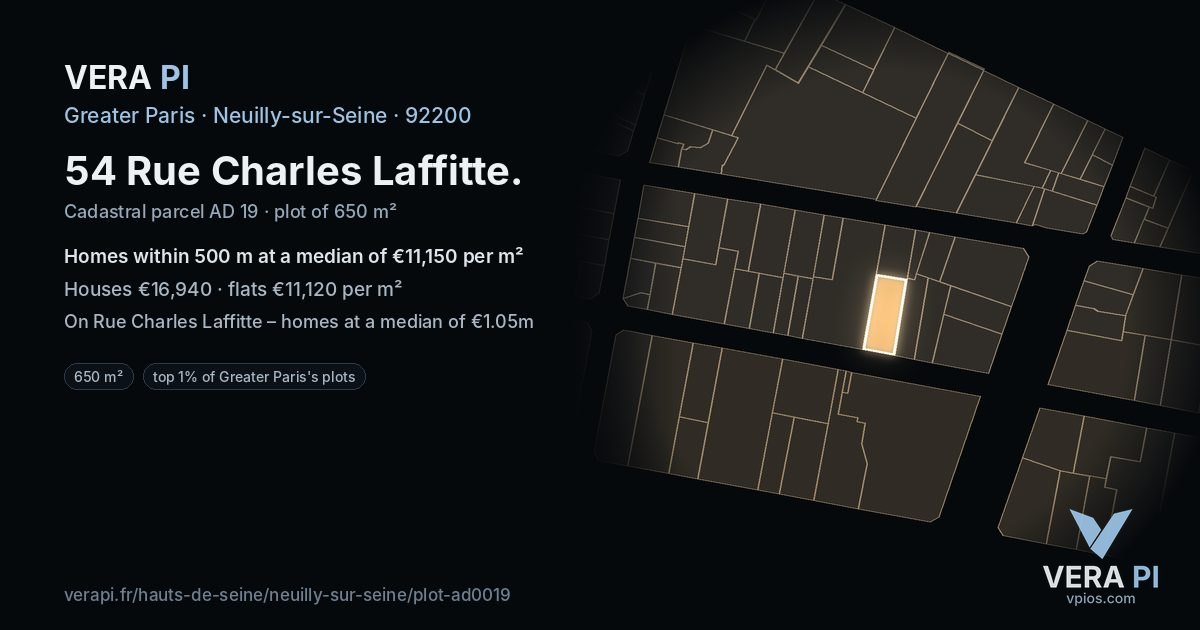 54 Rue Charles Laffitte, Neuilly-sur-Seine at night – the plot lit, the parcels around coloured by the prices near them
