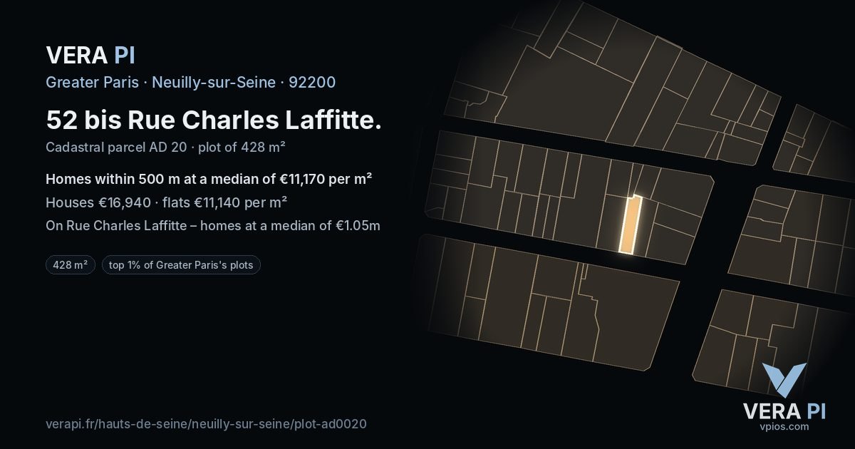 52 bis Rue Charles Laffitte, Neuilly-sur-Seine at night – the plot lit, the parcels around coloured by the prices near them