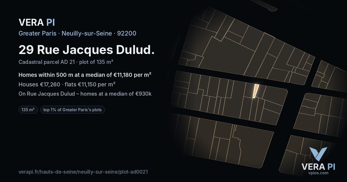 29 Rue Jacques Dulud, Neuilly-sur-Seine at night – the plot lit, the parcels around coloured by the prices near them