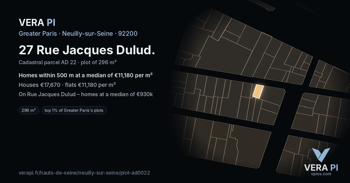 27 Rue Jacques Dulud, Neuilly-sur-Seine at night – the plot lit, the parcels around coloured by the prices near them