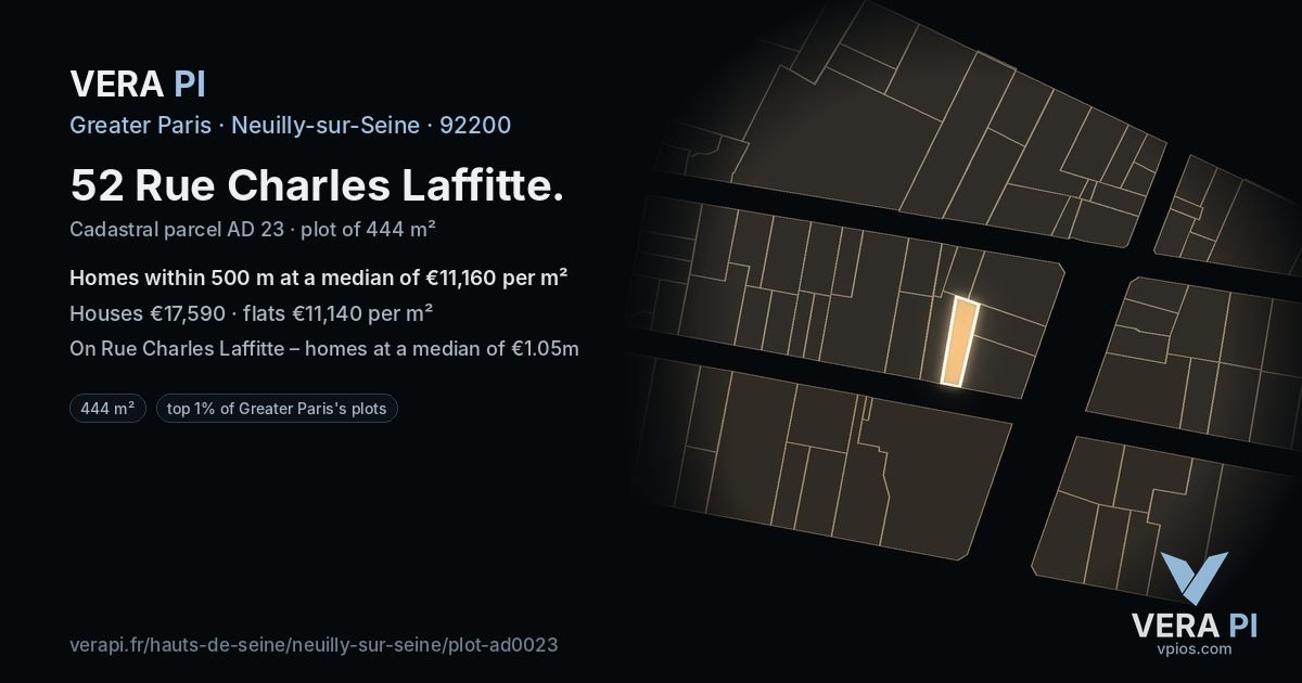 52 Rue Charles Laffitte, Neuilly-sur-Seine at night – the plot lit, the parcels around coloured by the prices near them