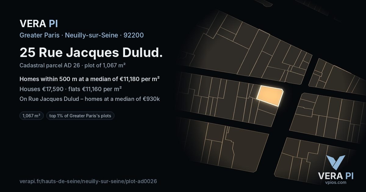 25 Rue Jacques Dulud, Neuilly-sur-Seine at night – the plot lit, the parcels around coloured by the prices near them
