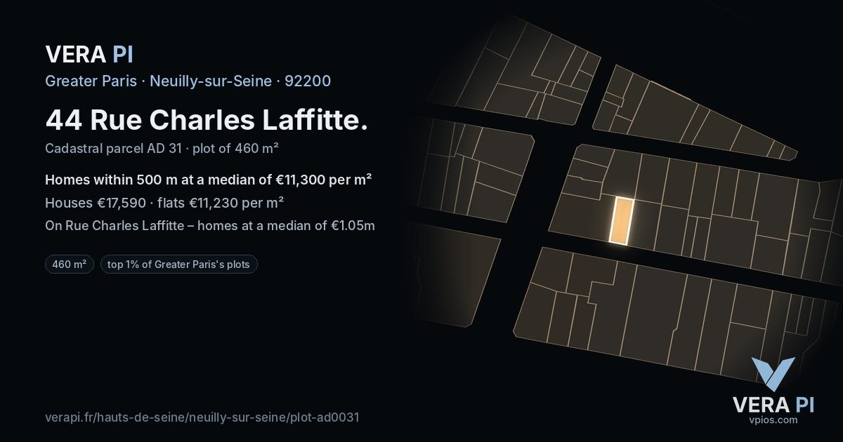 44 Rue Charles Laffitte, Neuilly-sur-Seine at night – the plot lit, the parcels around coloured by the prices near them