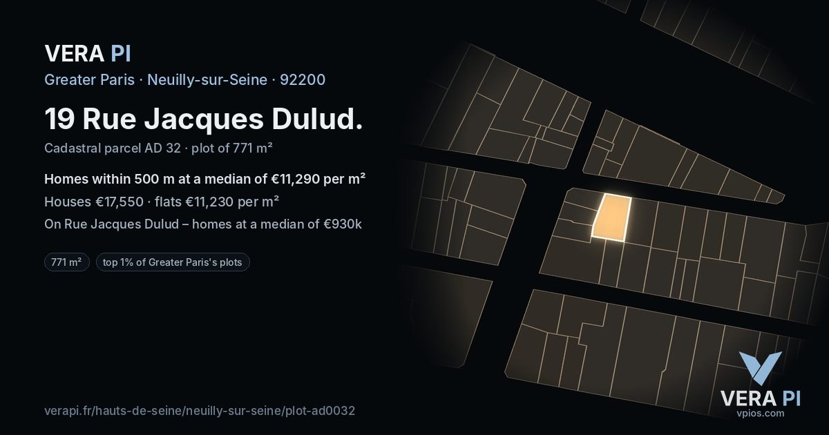 19 Rue Jacques Dulud, Neuilly-sur-Seine at night – the plot lit, the parcels around coloured by the prices near them
