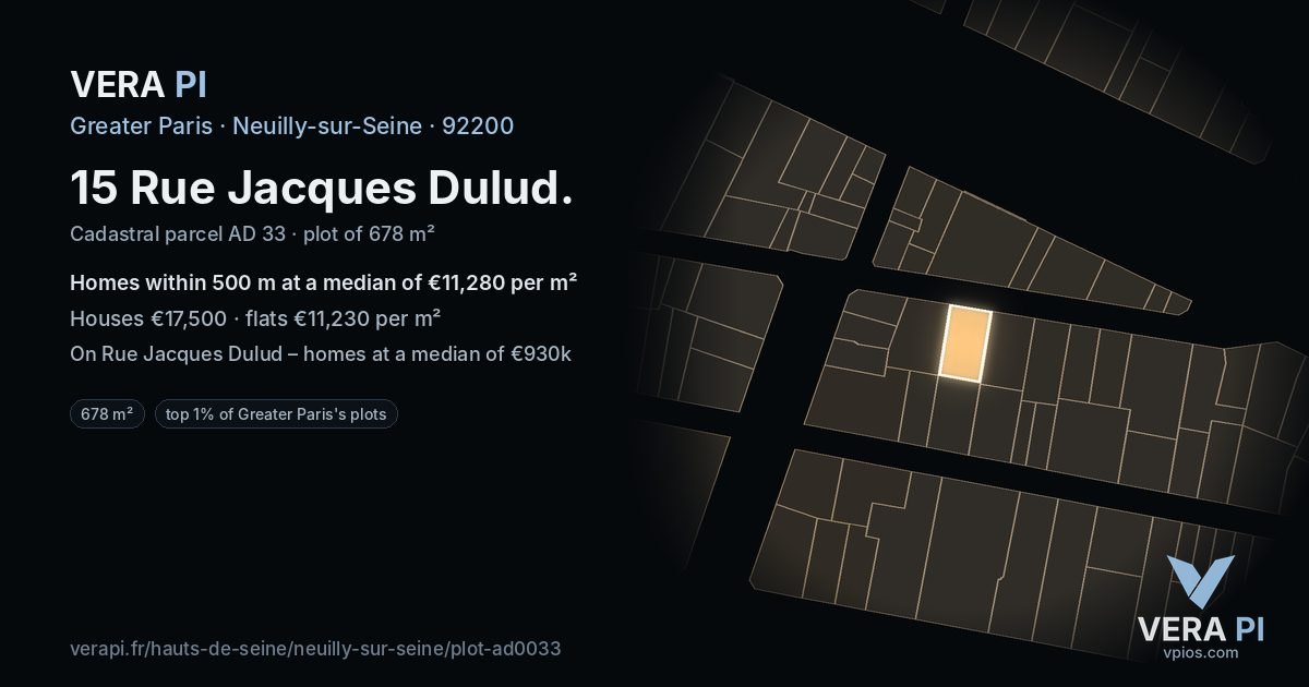 15 Rue Jacques Dulud, Neuilly-sur-Seine at night – the plot lit, the parcels around coloured by the prices near them