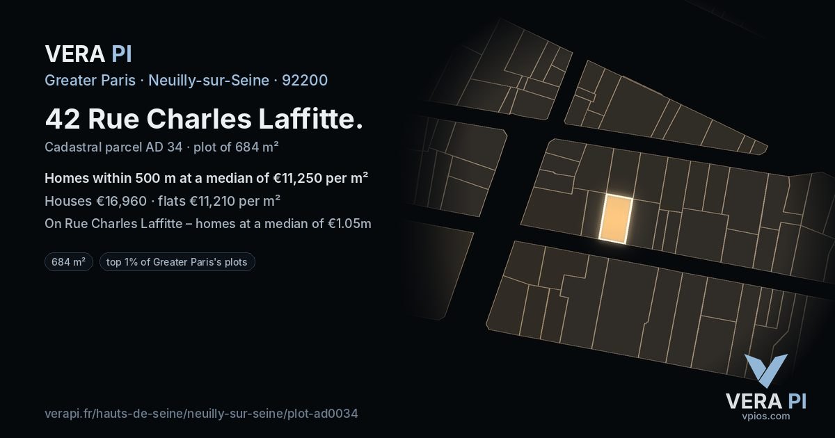 42 Rue Charles Laffitte, Neuilly-sur-Seine at night – the plot lit, the parcels around coloured by the prices near them