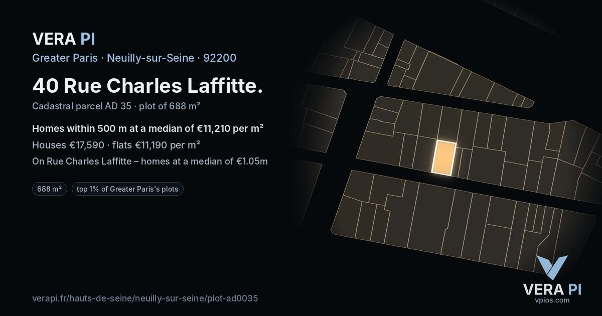 40 Rue Charles Laffitte, Neuilly-sur-Seine at night – the plot lit, the parcels around coloured by the prices near them