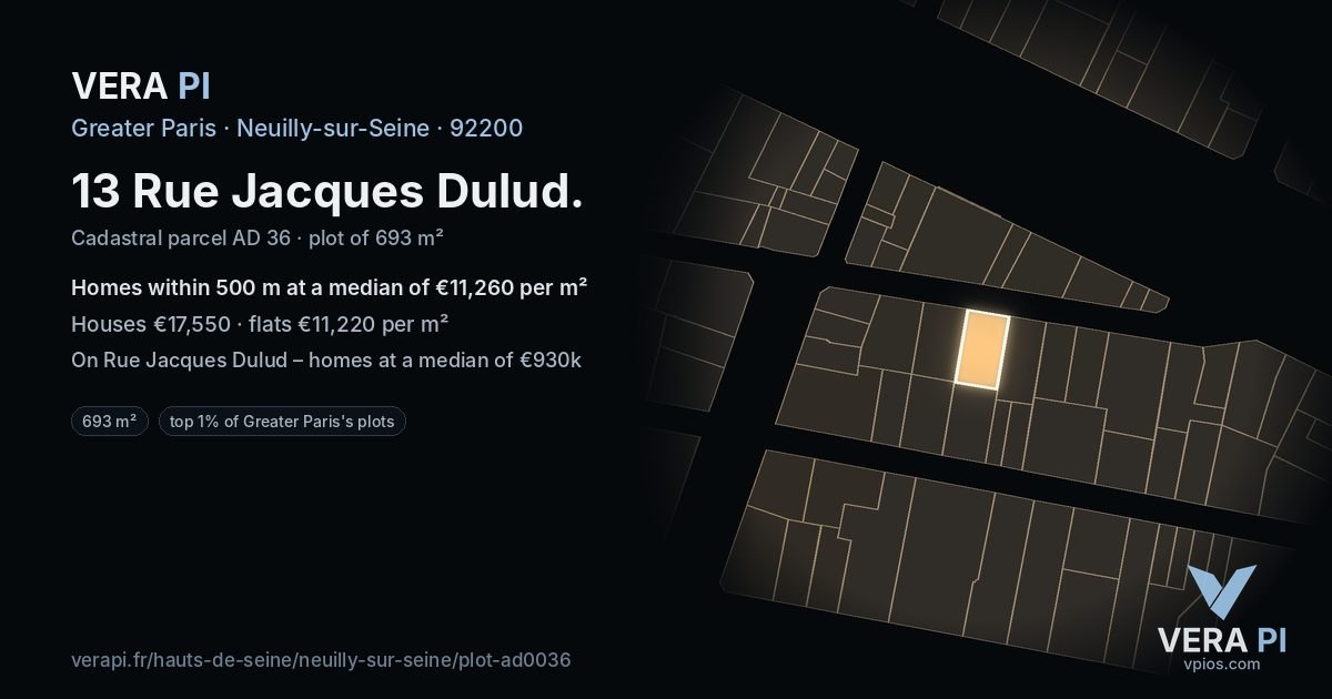 13 Rue Jacques Dulud, Neuilly-sur-Seine at night – the plot lit, the parcels around coloured by the prices near them