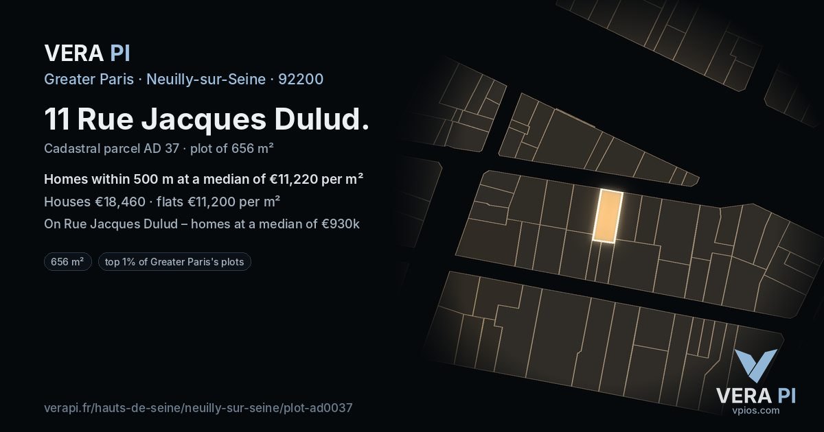 11 Rue Jacques Dulud, Neuilly-sur-Seine at night – the plot lit, the parcels around coloured by the prices near them