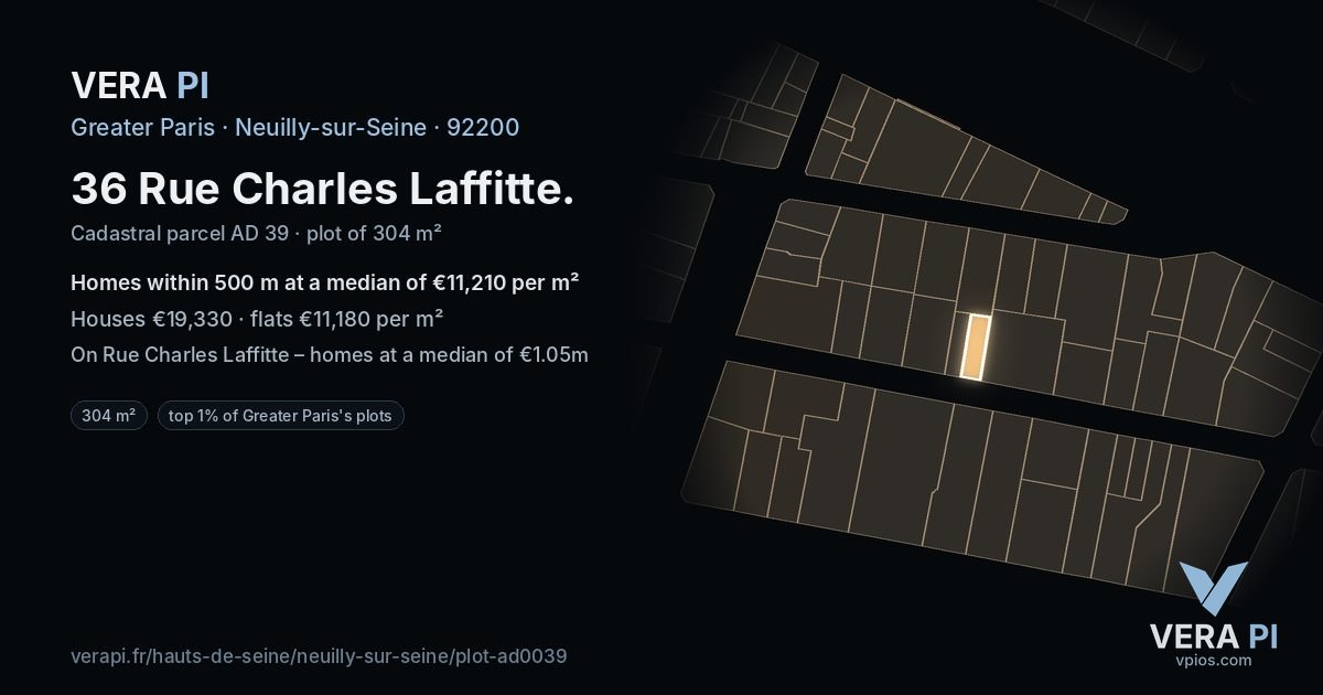 36 Rue Charles Laffitte, Neuilly-sur-Seine at night – the plot lit, the parcels around coloured by the prices near them