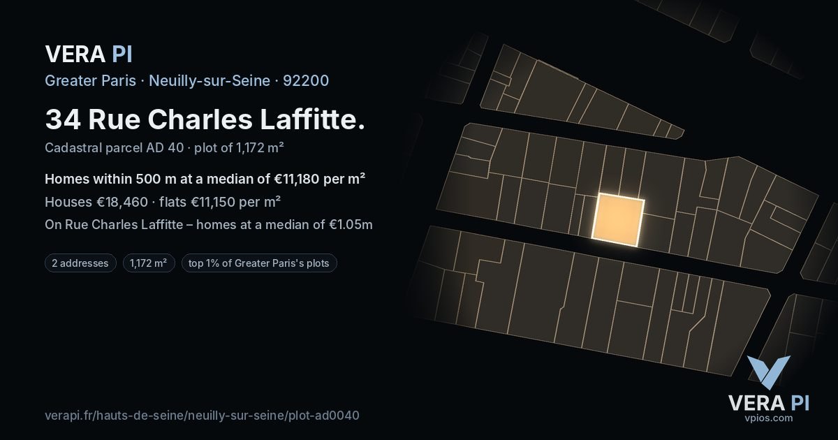 34 Rue Charles Laffitte, Neuilly-sur-Seine at night – the plot lit, the parcels around coloured by the prices near them