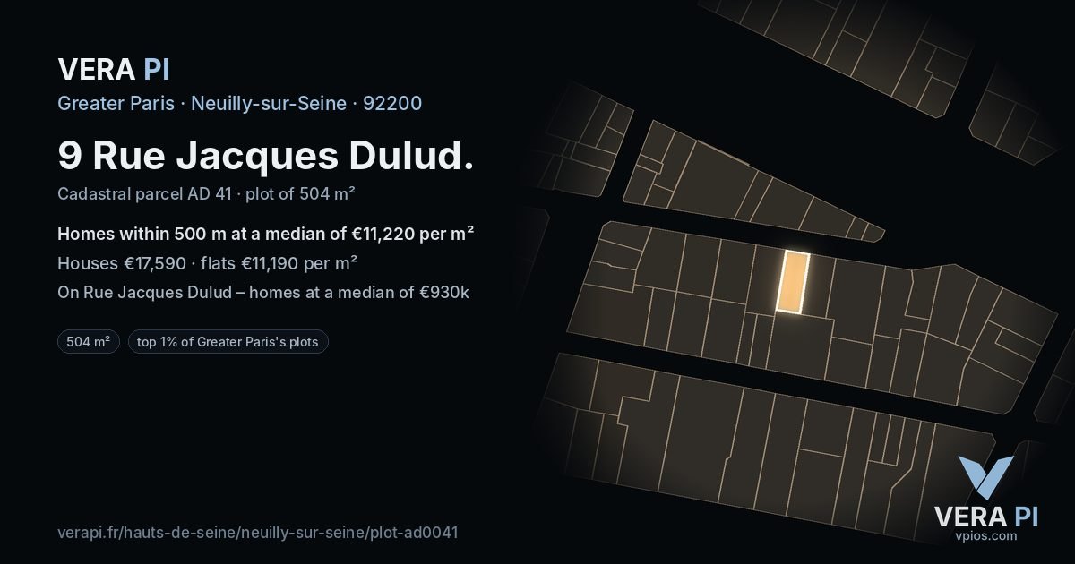 9 Rue Jacques Dulud, Neuilly-sur-Seine at night – the plot lit, the parcels around coloured by the prices near them