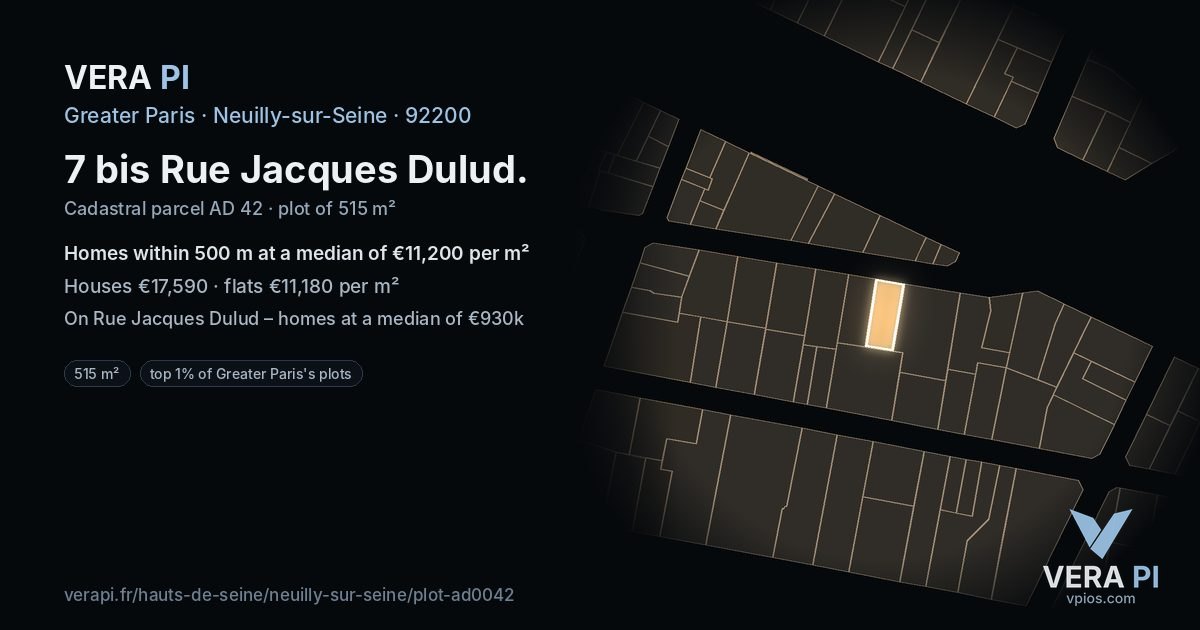 7 bis Rue Jacques Dulud, Neuilly-sur-Seine at night – the plot lit, the parcels around coloured by the prices near them