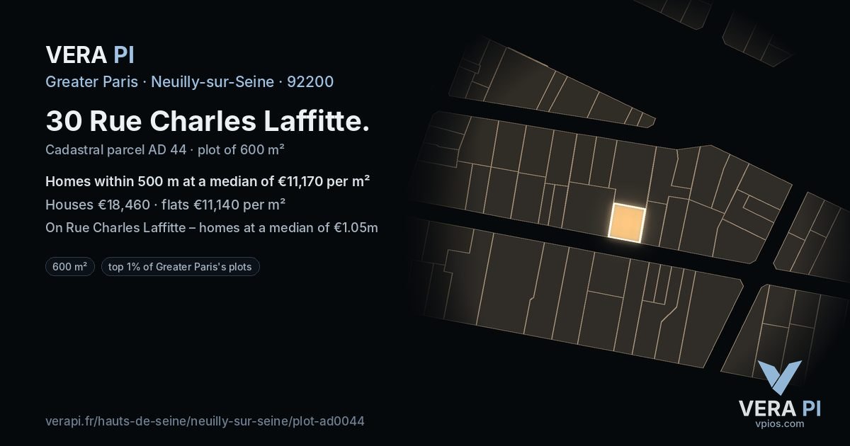 30 Rue Charles Laffitte, Neuilly-sur-Seine at night – the plot lit, the parcels around coloured by the prices near them