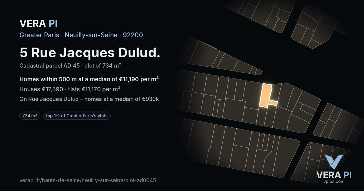 5 Rue Jacques Dulud, Neuilly-sur-Seine at night – the plot lit, the parcels around coloured by the prices near them