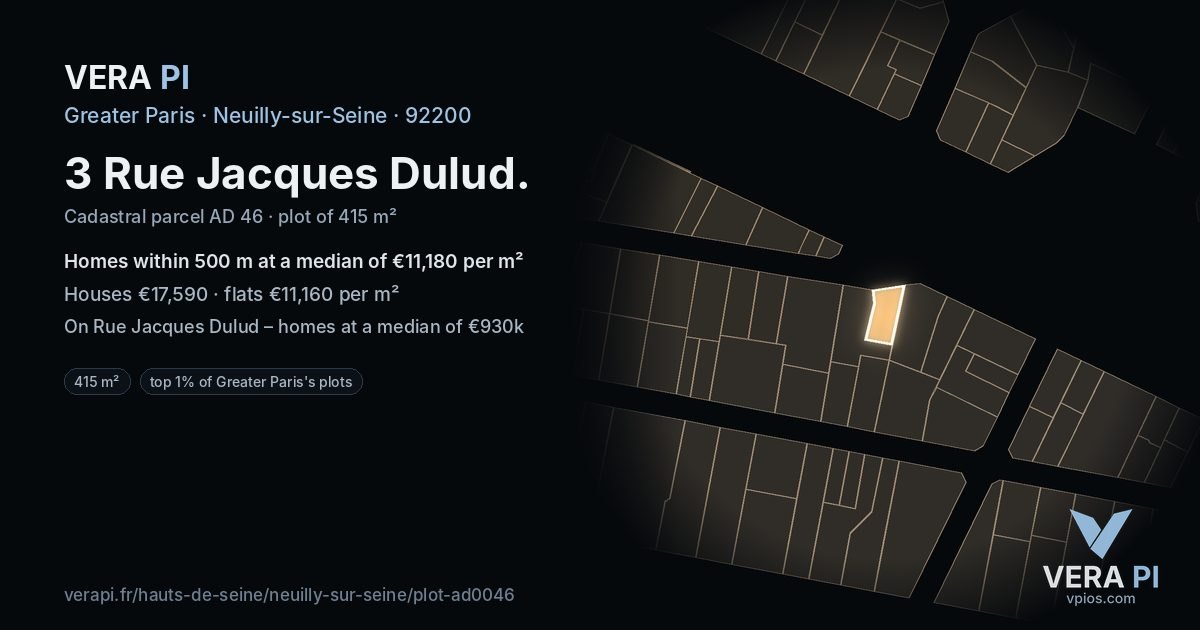 3 Rue Jacques Dulud, Neuilly-sur-Seine at night – the plot lit, the parcels around coloured by the prices near them