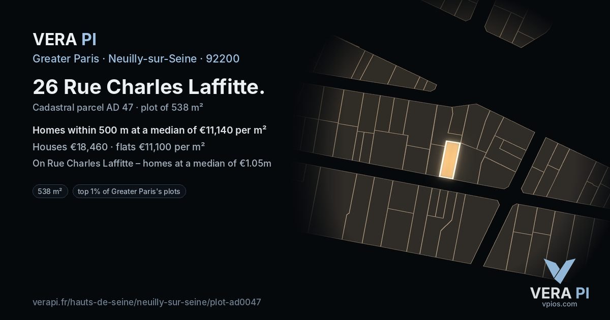 26 Rue Charles Laffitte, Neuilly-sur-Seine at night – the plot lit, the parcels around coloured by the prices near them