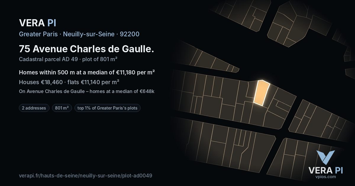 75 Avenue Charles de Gaulle, Neuilly-sur-Seine at night – the plot lit, the parcels around coloured by the prices near them