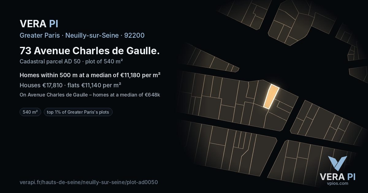 73 Avenue Charles de Gaulle, Neuilly-sur-Seine at night – the plot lit, the parcels around coloured by the prices near them