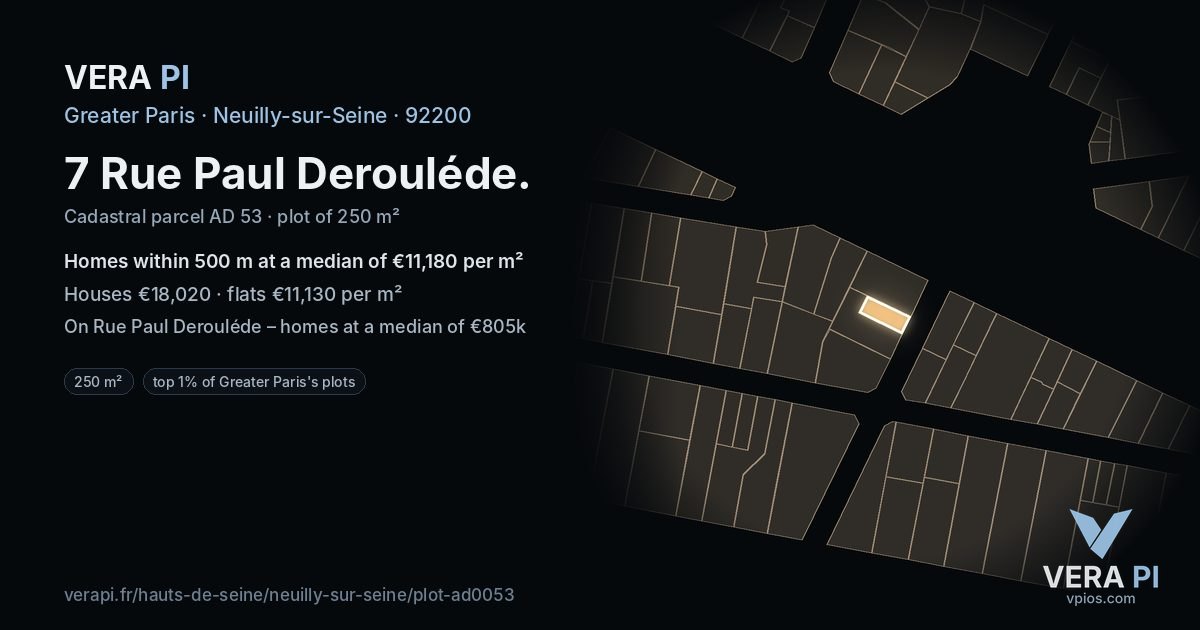 7 Rue Paul Derouléde, Neuilly-sur-Seine at night – the plot lit, the parcels around coloured by the prices near them