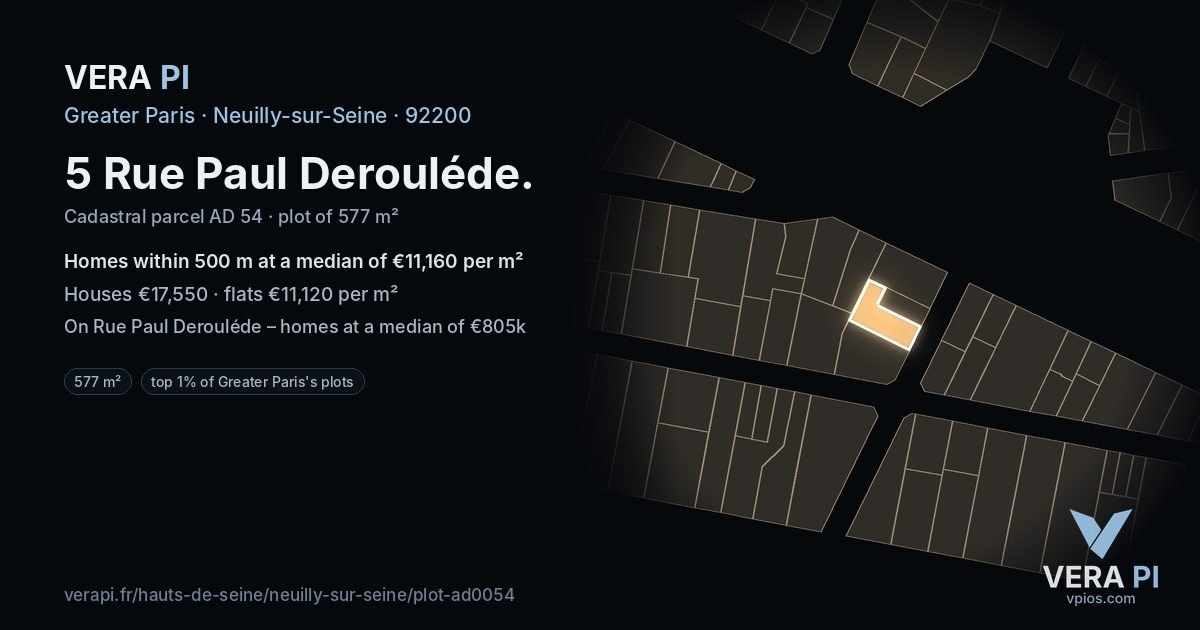5 Rue Paul Derouléde, Neuilly-sur-Seine at night – the plot lit, the parcels around coloured by the prices near them
