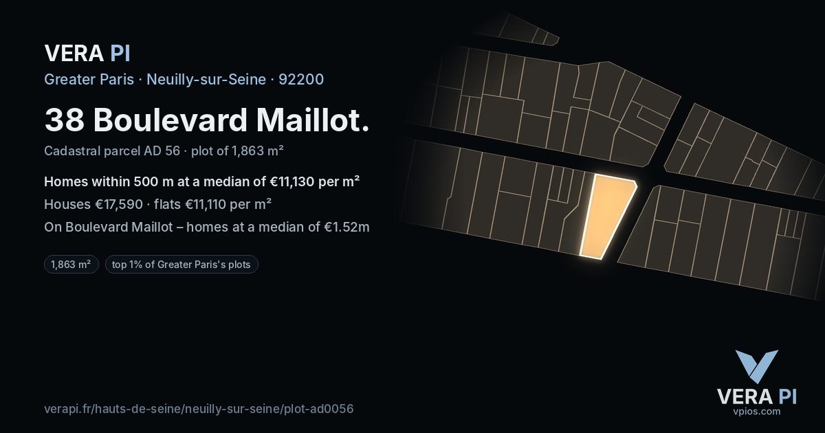 38 Boulevard Maillot, Neuilly-sur-Seine at night – the plot lit, the parcels around coloured by the prices near them