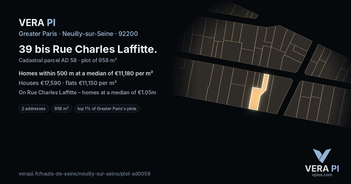 39 bis Rue Charles Laffitte, Neuilly-sur-Seine at night – the plot lit, the parcels around coloured by the prices near them