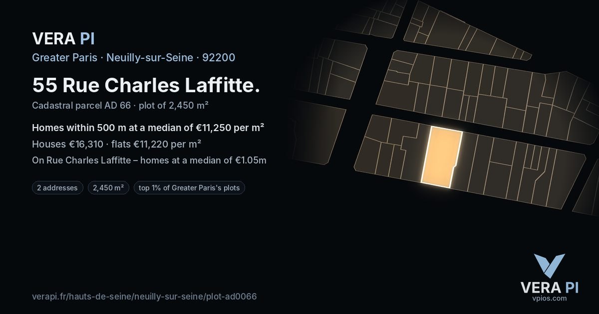 55 Rue Charles Laffitte, Neuilly-sur-Seine at night – the plot lit, the parcels around coloured by the prices near them
