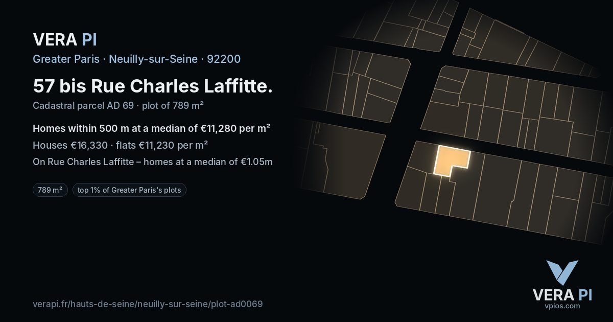 57 bis Rue Charles Laffitte, Neuilly-sur-Seine at night – the plot lit, the parcels around coloured by the prices near them