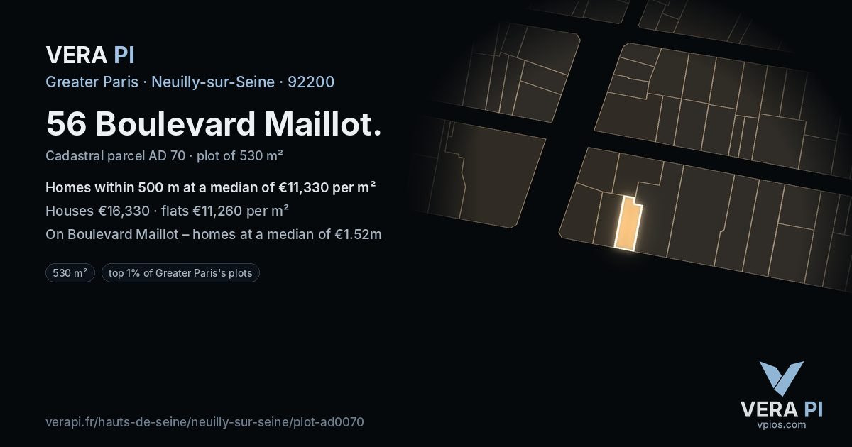 56 Boulevard Maillot, Neuilly-sur-Seine at night – the plot lit, the parcels around coloured by the prices near them