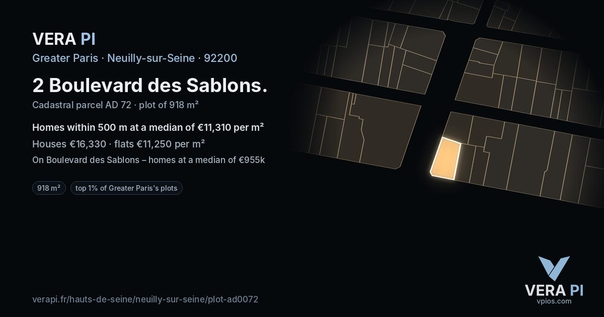 2 Boulevard des Sablons, Neuilly-sur-Seine at night – the plot lit, the parcels around coloured by the prices near them