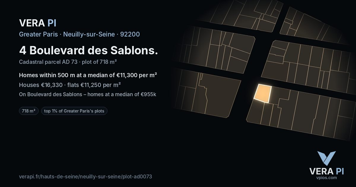 4 Boulevard des Sablons, Neuilly-sur-Seine at night – the plot lit, the parcels around coloured by the prices near them