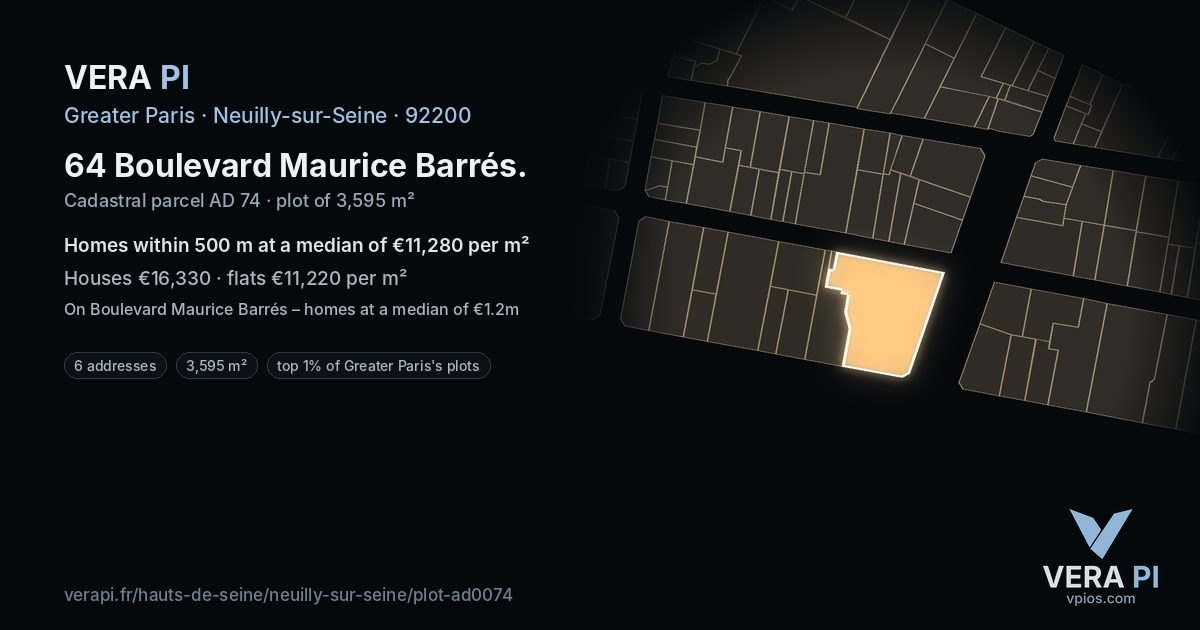 64 Boulevard Maurice Barrés, Neuilly-sur-Seine at night – the plot lit, the parcels around coloured by the prices near them