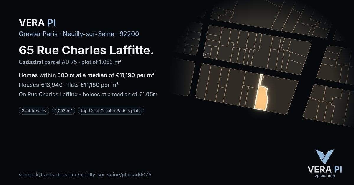 65 Rue Charles Laffitte, Neuilly-sur-Seine at night – the plot lit, the parcels around coloured by the prices near them