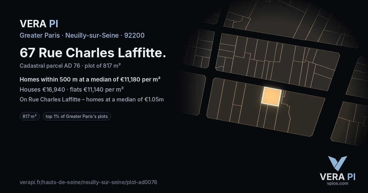 67 Rue Charles Laffitte, Neuilly-sur-Seine at night – the plot lit, the parcels around coloured by the prices near them