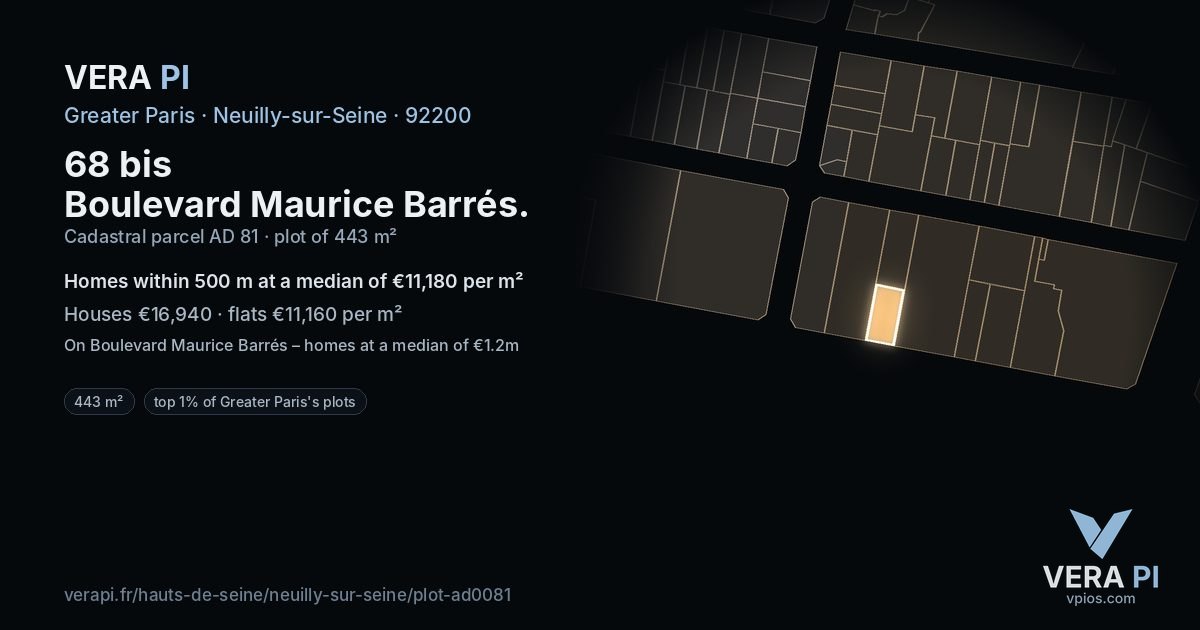 68 bis Boulevard Maurice Barrés, Neuilly-sur-Seine at night – the plot lit, the parcels around coloured by the prices near them