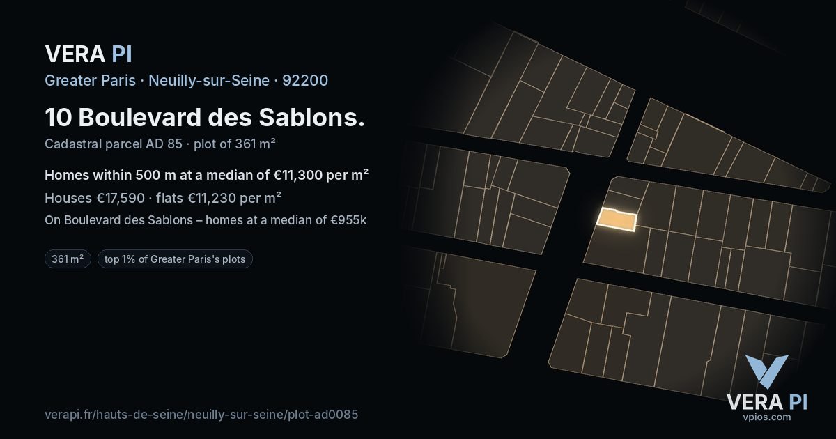 10 Boulevard des Sablons, Neuilly-sur-Seine at night – the plot lit, the parcels around coloured by the prices near them