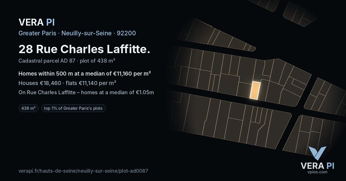 28 Rue Charles Laffitte, Neuilly-sur-Seine at night – the plot lit, the parcels around coloured by the prices near them