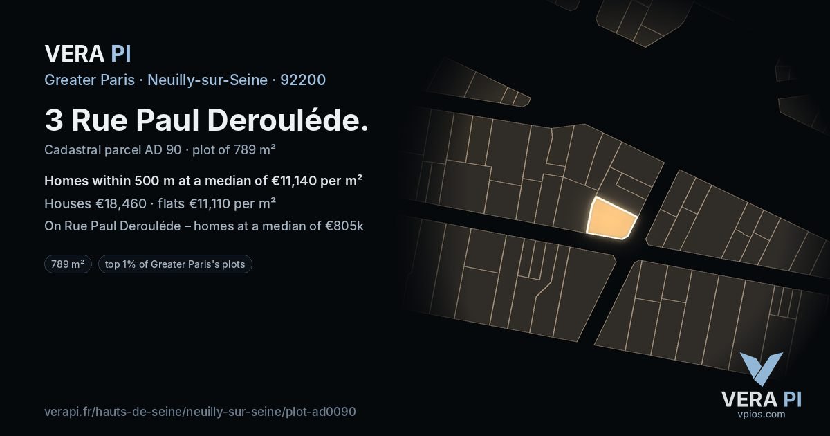 3 Rue Paul Derouléde, Neuilly-sur-Seine at night – the plot lit, the parcels around coloured by the prices near them