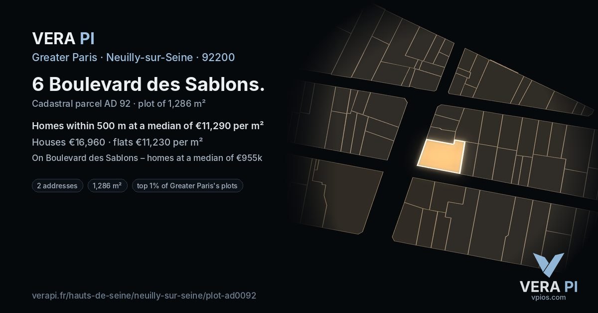 6 Boulevard des Sablons, Neuilly-sur-Seine at night – the plot lit, the parcels around coloured by the prices near them