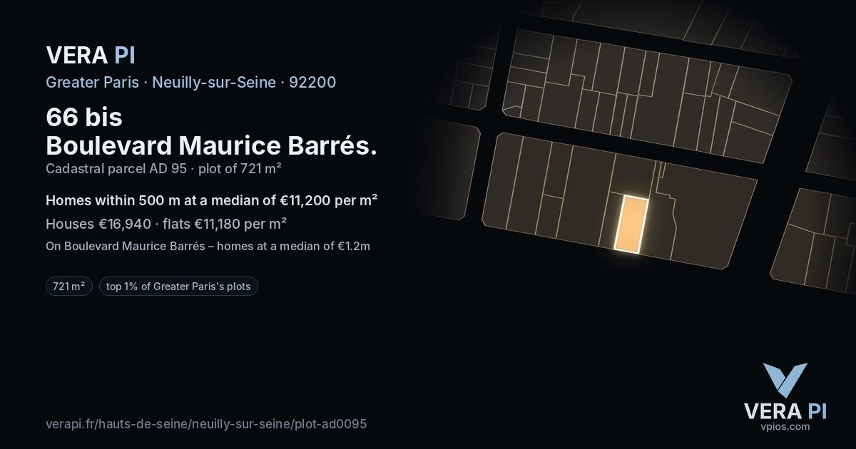 66 bis Boulevard Maurice Barrés, Neuilly-sur-Seine at night – the plot lit, the parcels around coloured by the prices near them