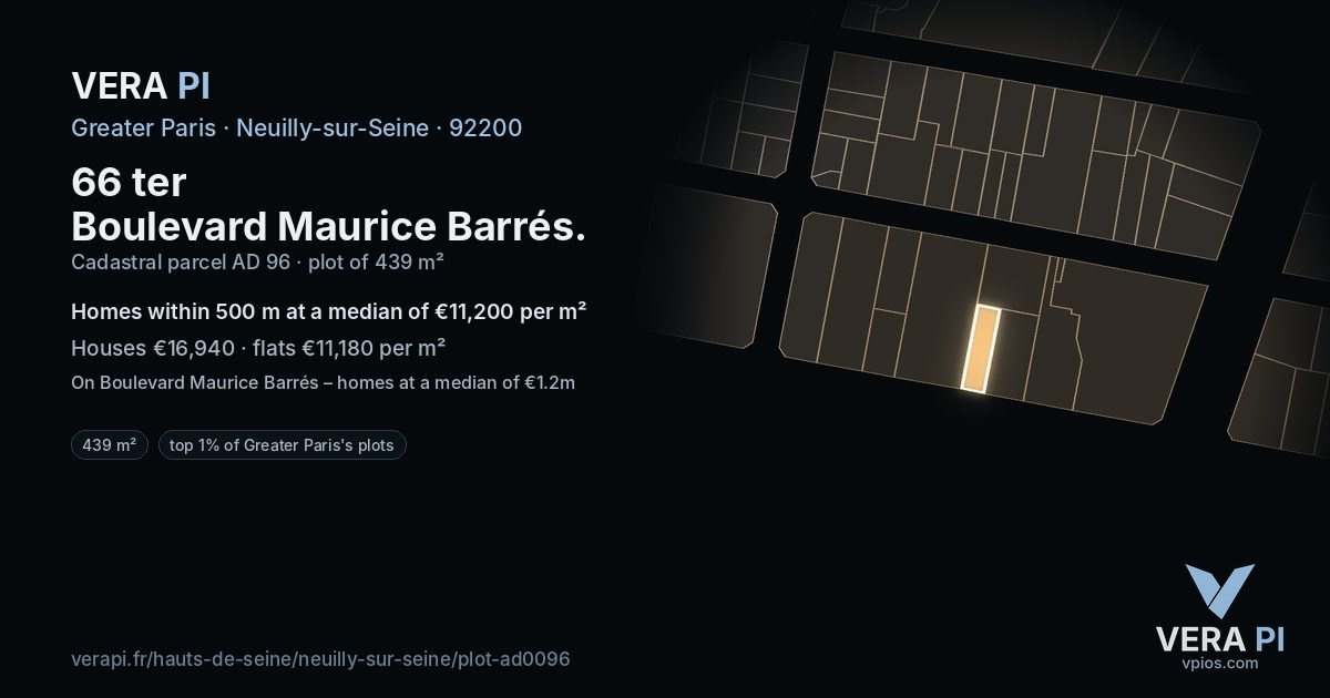66 ter Boulevard Maurice Barrés, Neuilly-sur-Seine at night – the plot lit, the parcels around coloured by the prices near them