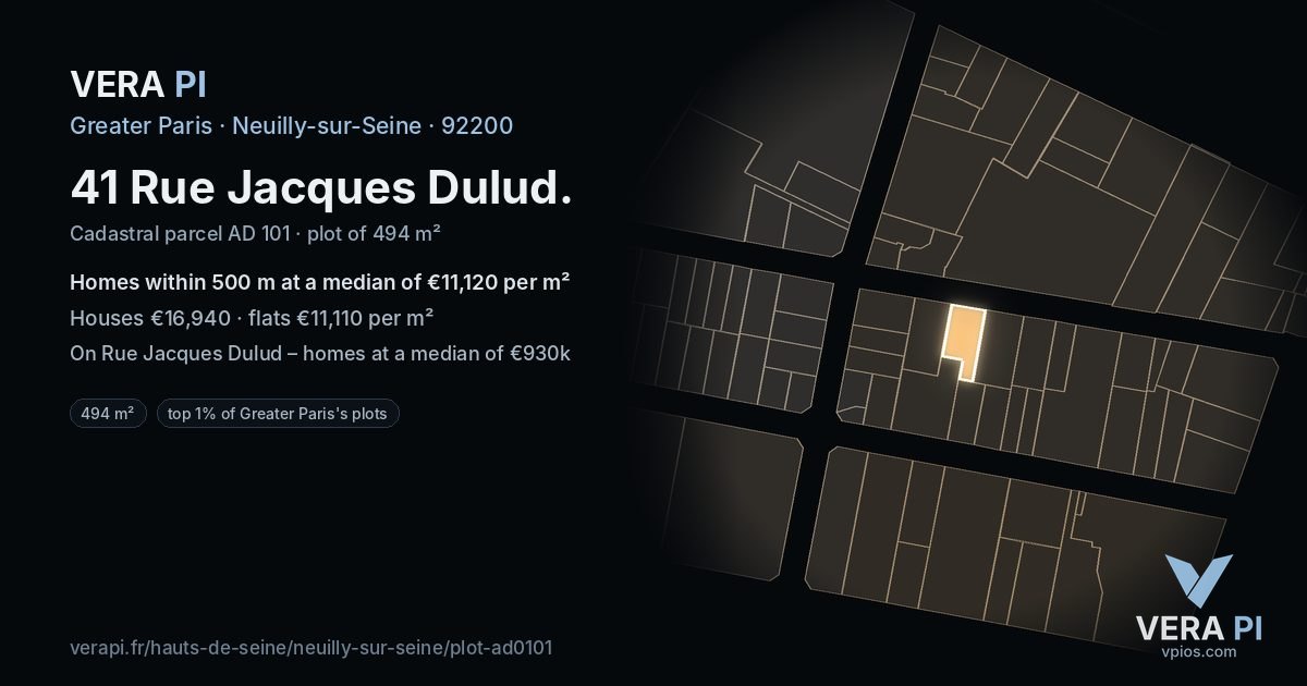 41 Rue Jacques Dulud, Neuilly-sur-Seine at night – the plot lit, the parcels around coloured by the prices near them