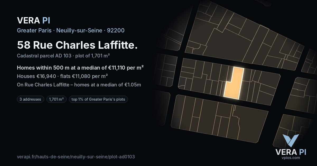 58 Rue Charles Laffitte, Neuilly-sur-Seine at night – the plot lit, the parcels around coloured by the prices near them