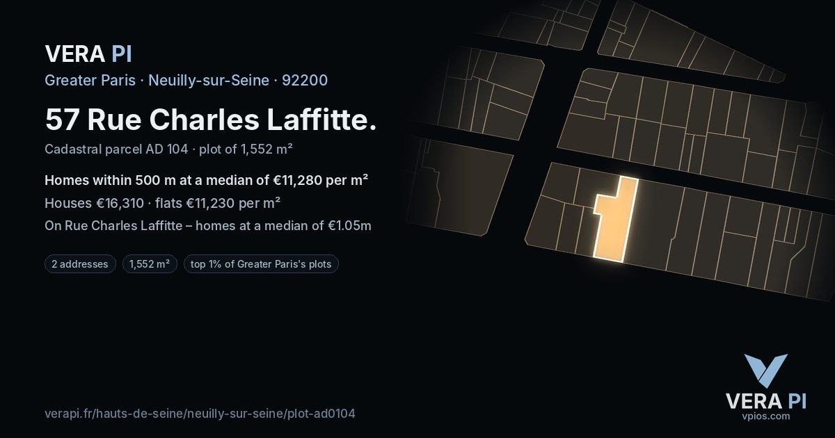 57 Rue Charles Laffitte, Neuilly-sur-Seine at night – the plot lit, the parcels around coloured by the prices near them