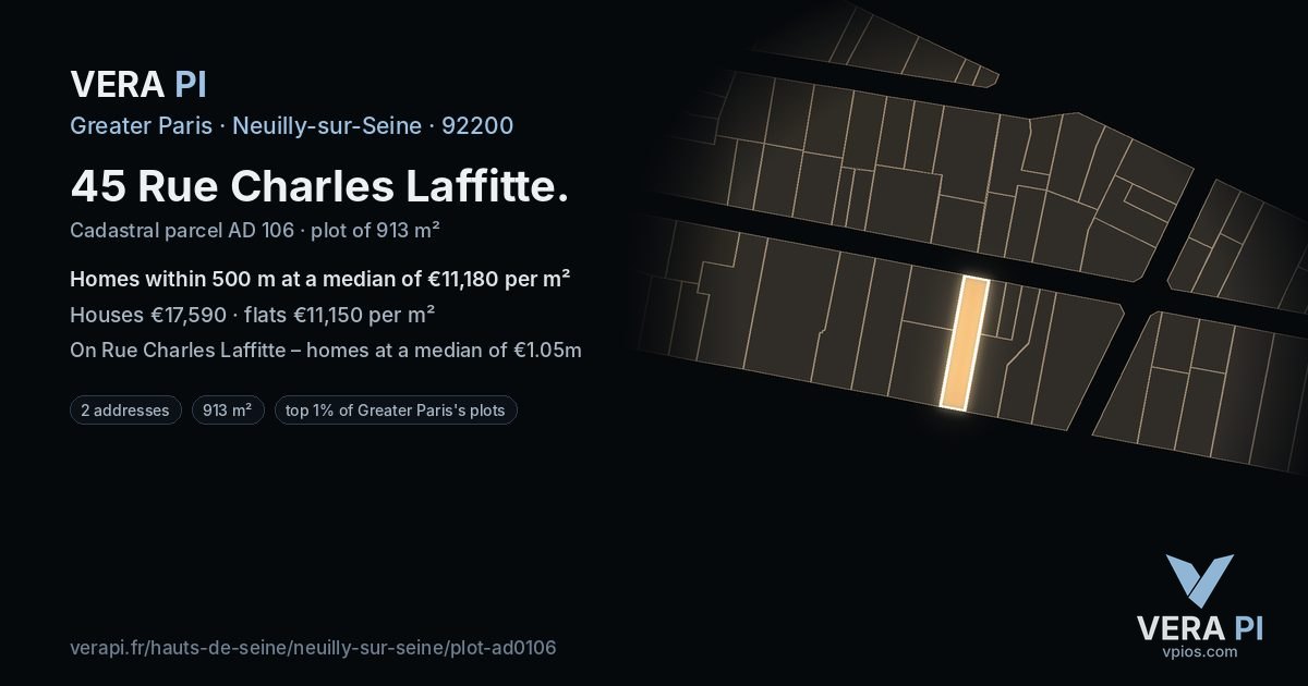 45 Rue Charles Laffitte, Neuilly-sur-Seine at night – the plot lit, the parcels around coloured by the prices near them