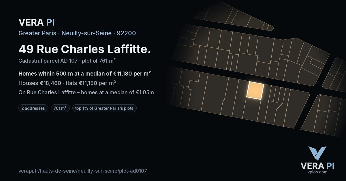 49 Rue Charles Laffitte, Neuilly-sur-Seine at night – the plot lit, the parcels around coloured by the prices near them