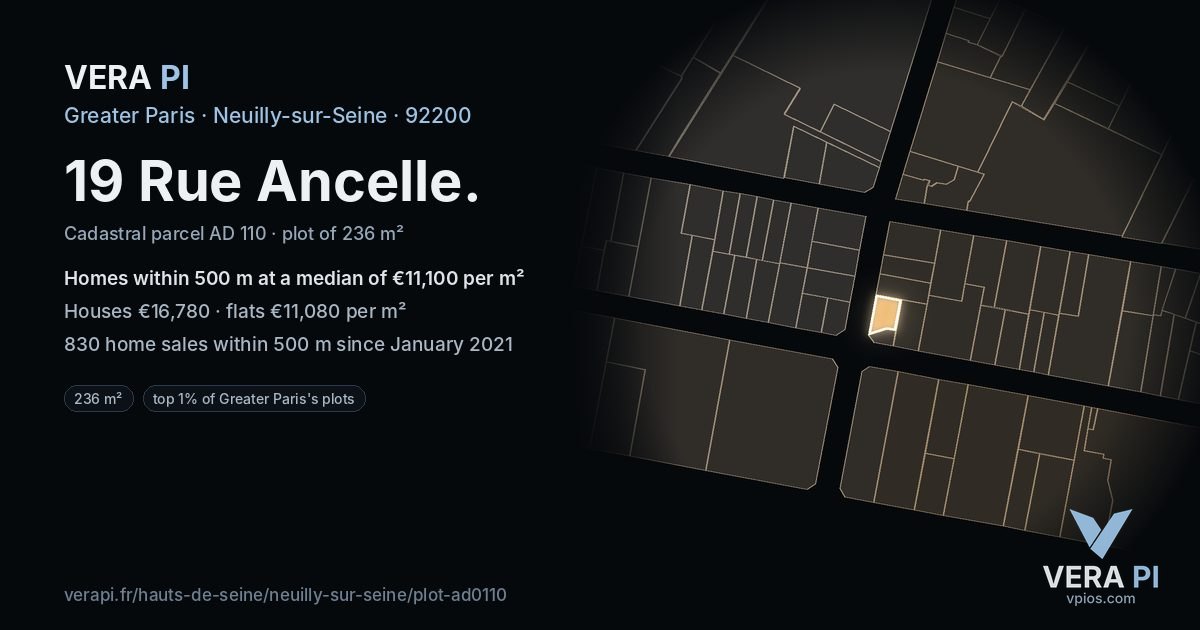 19 Rue Ancelle, Neuilly-sur-Seine at night – the plot lit, the parcels around coloured by the prices near them