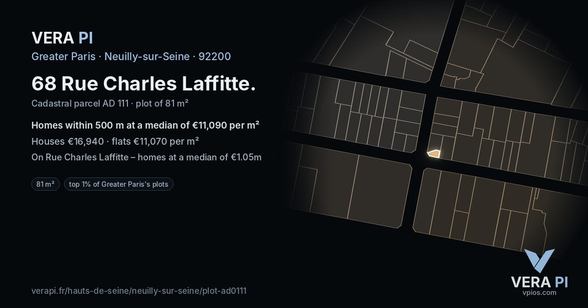 68 Rue Charles Laffitte, Neuilly-sur-Seine at night – the plot lit, the parcels around coloured by the prices near them