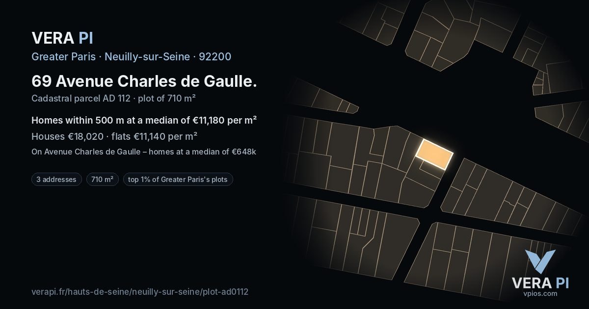 69 Avenue Charles de Gaulle, Neuilly-sur-Seine at night – the plot lit, the parcels around coloured by the prices near them
